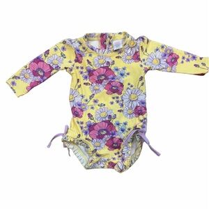 RuffleButts Rash Guard Swimsuit Yellow Floral Size 6-12 Months